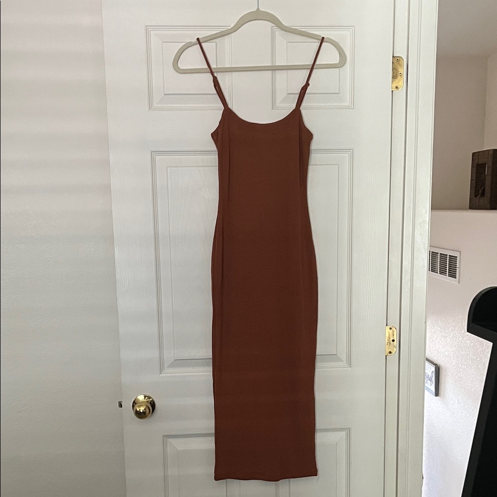 Chic Tan Spaghetti Strap Midi Dress